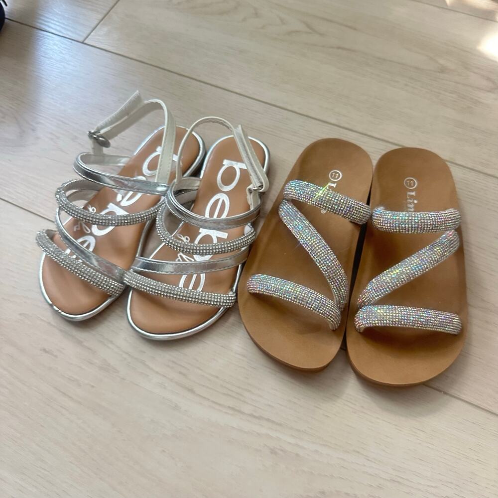 Lot of 2 NWT Girls Sparkly Rhinestone Sandals Size 11 Bebe Strappy Slide Sandals